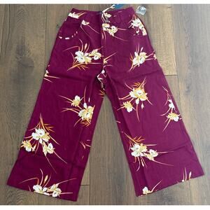 ModCloth Floral Print Linen Wide-Leg Cropped Pants Burgundy Womens Sz 00 NWT